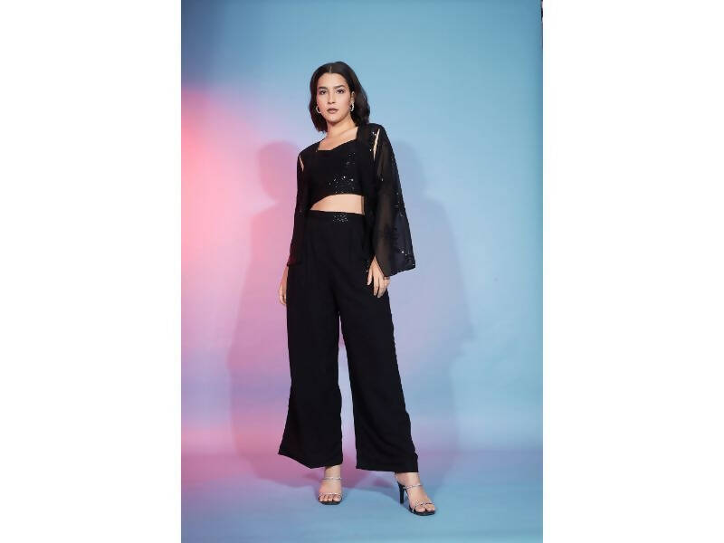 Black Georgette Sequence With Thread Designer Co-Ord Set - Flory - Swadesiicart