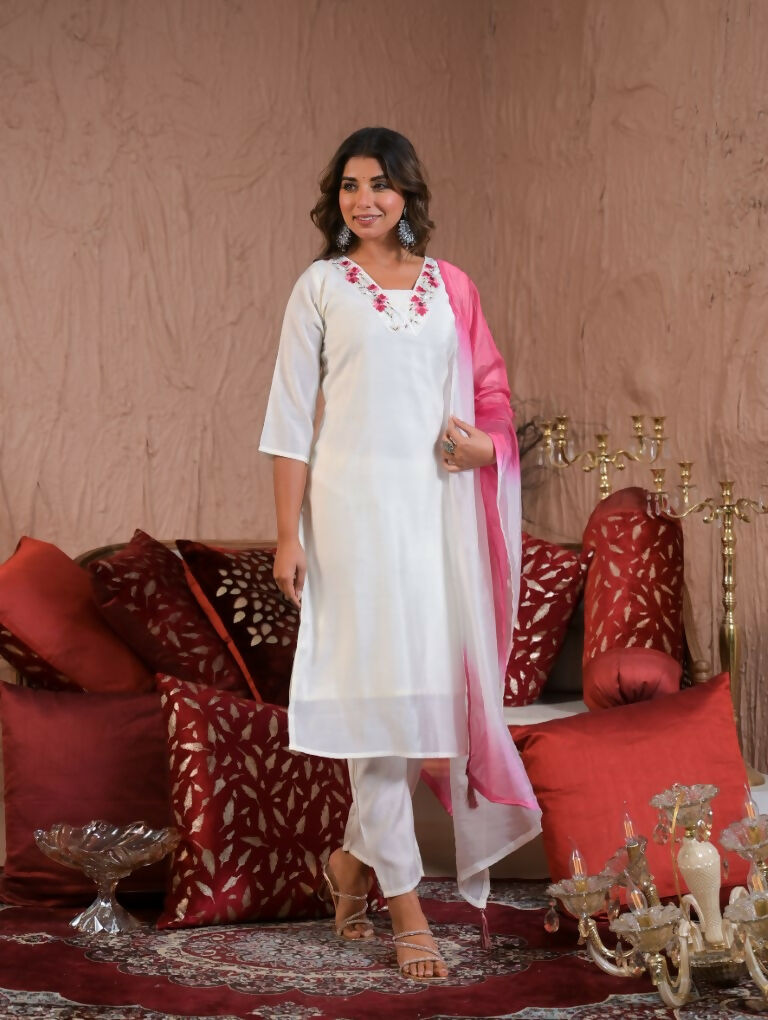 Ethnic Festive Wear Viscose Chanderi White Stitched Suit With Dupatta - Tanisha | Swadesiicart