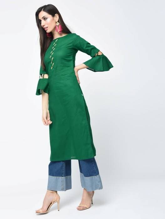 Aniyah Cotton Criss Cross Bell Sleeves Straight Thick Green Kurta (AN-101K) - Swadesiicart