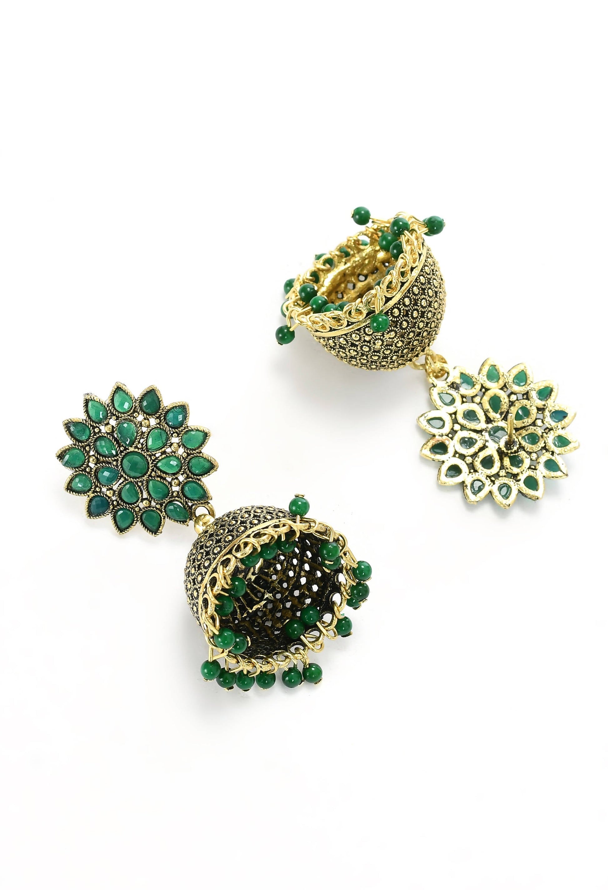 Mominos Fashion Johar Kamal Beautiful Kundan Work Jhumka With Green Beads - Swadesiicart