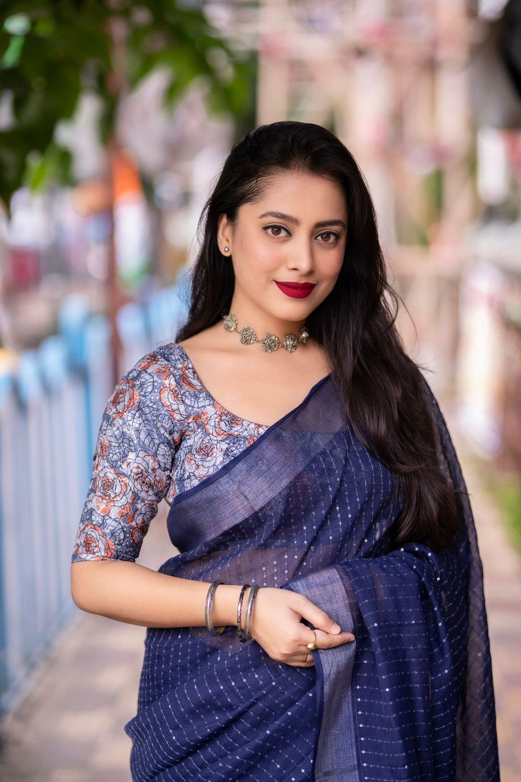 Blue Linen Sequence Saree with Unstitched Blouse - Hiral Fashion | Swadesiicart