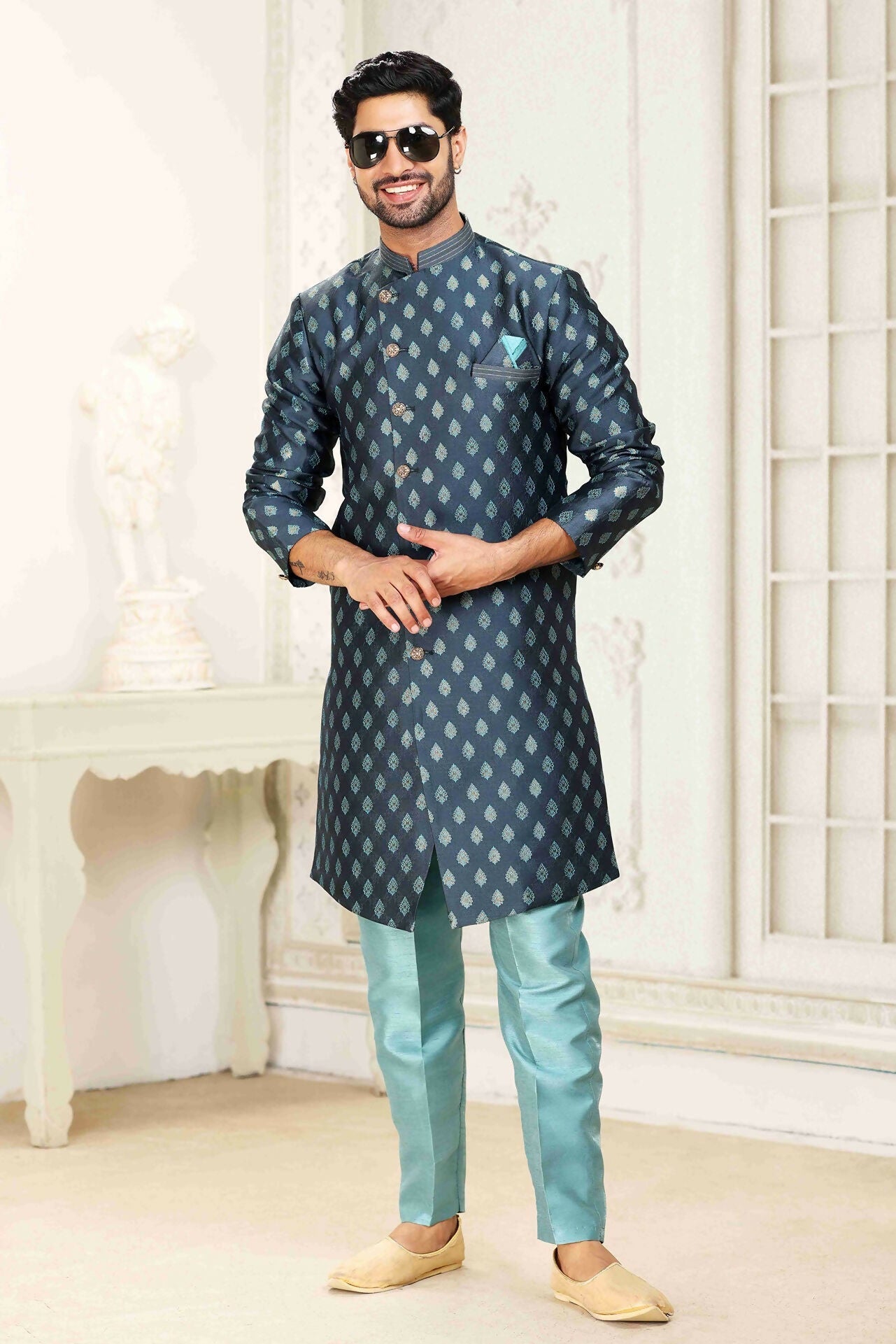 Raivat Ethnic Banarasi Jacquard Embroidery Semi Indo Western Sherwani In Grey Blue Colour | Swadesiicart