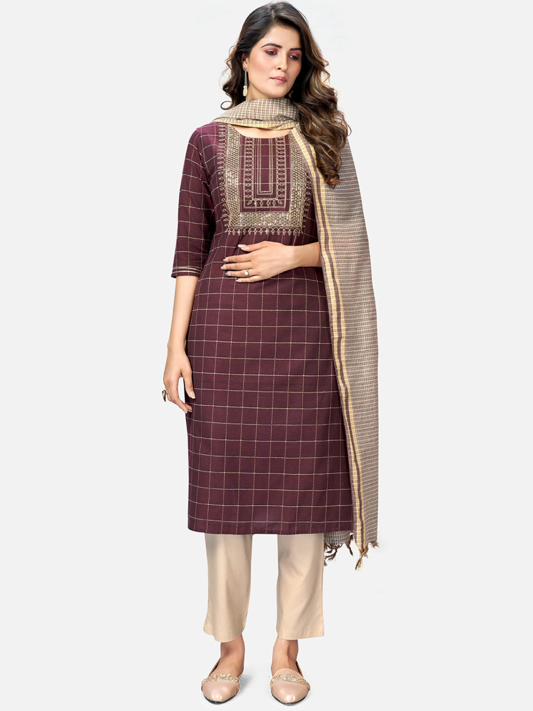 NOZ2TOZ Women Purple Cotton Kurta With Pant & Dupatta (3Pcs Set) - Swadesiicart