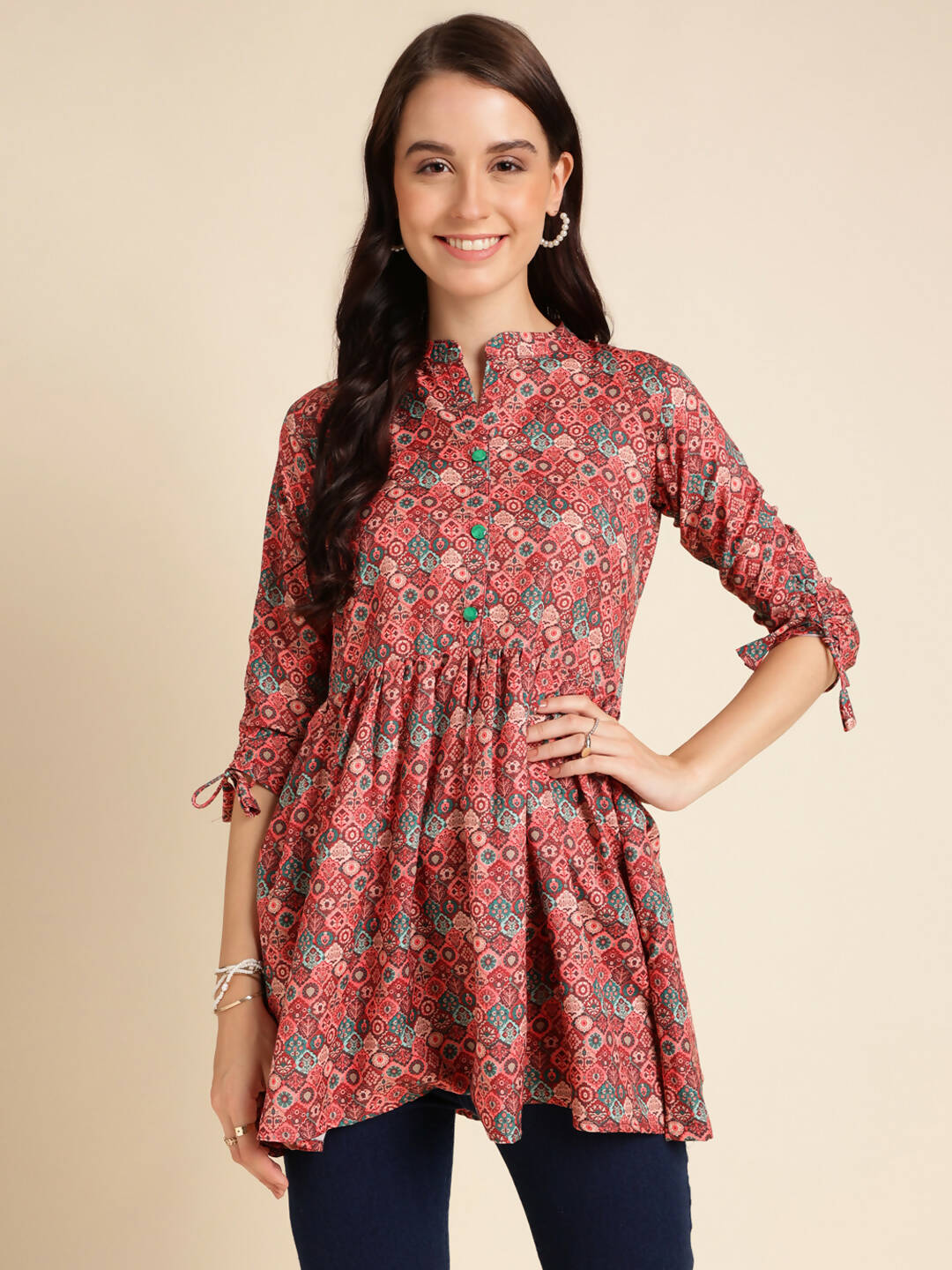 Red Poly Rayon Digital Printed A-line Top - Tarini - Swadesiicart