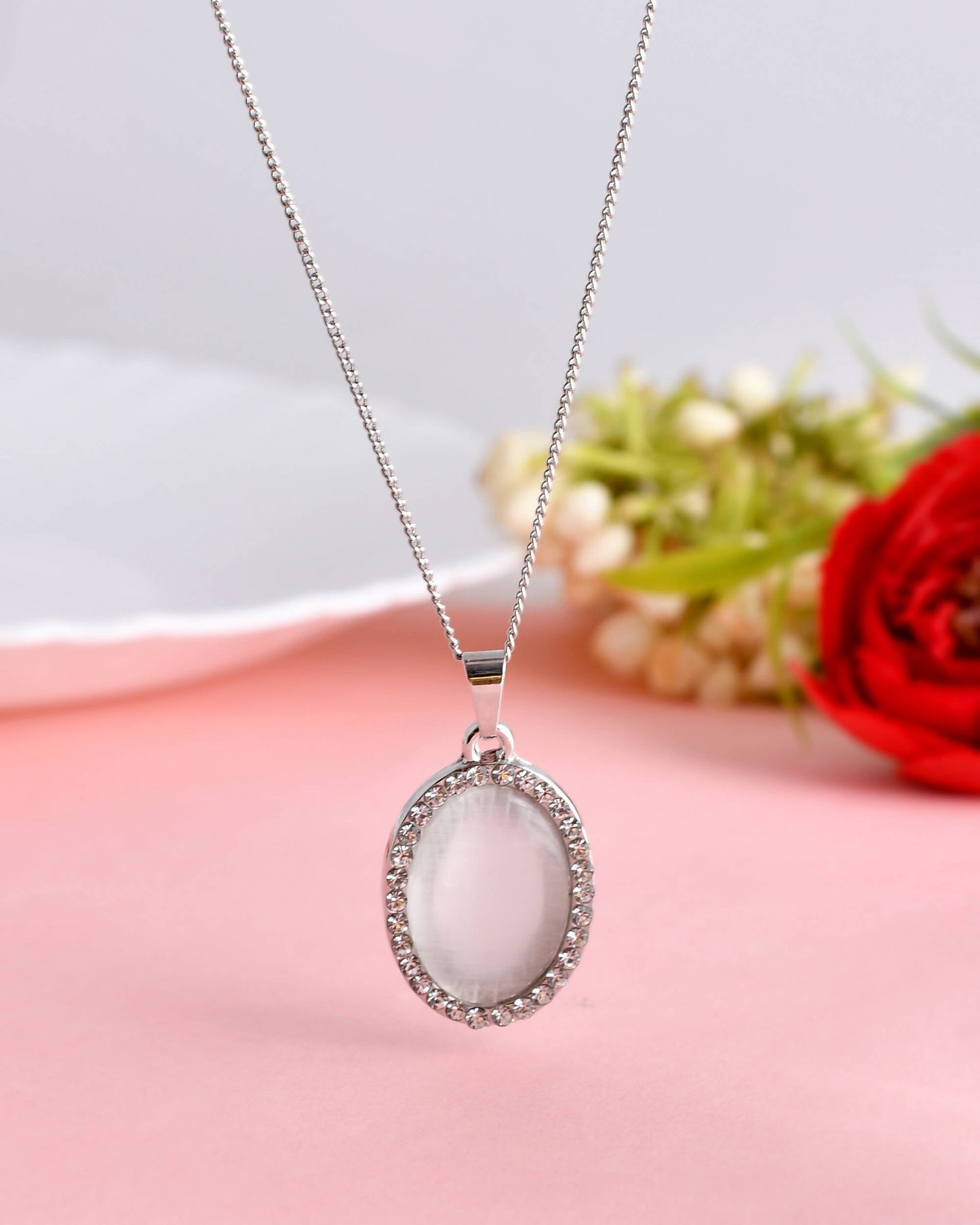 VOJ Women Beads Stainless Steel Sliver-Plated Chain with Oval-Shape Pendant - Swadesiicart