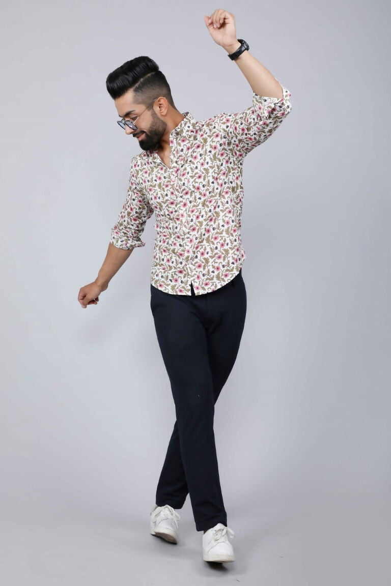 Miravan Men's Cotton Printed Full Sleeve Slim Fit Spread Neck White & Pink Colour Shirt | Swadesiicart
