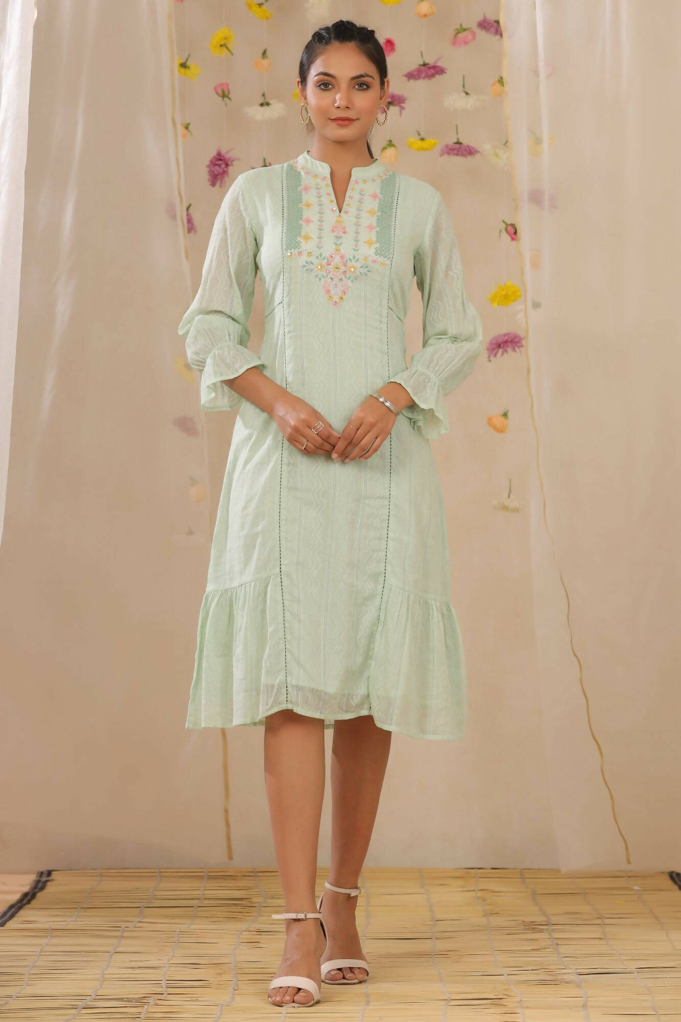 Juniper Women Sagegreen Cotton Dobby Woven Design A-Line Dress | Swadesiicart