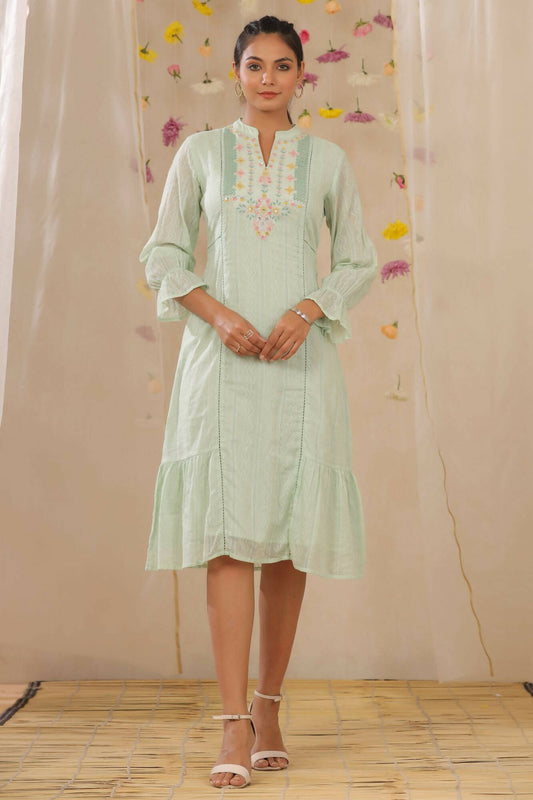 Juniper Women Sagegreen Cotton Dobby Woven Design A-Line Dress | Swadesiicart