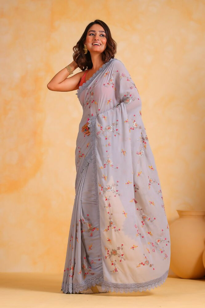 Vamsee Riva Grey Georgette Saree - Swadesiicart