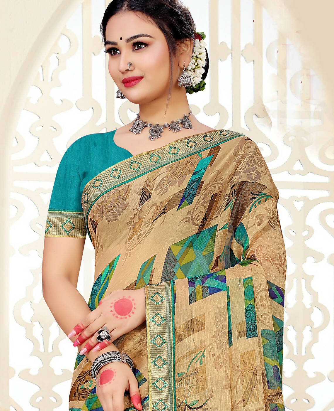 Beige Chiffon Brasso Printed Saree With Unstitched Blouse Piece - Jyoti