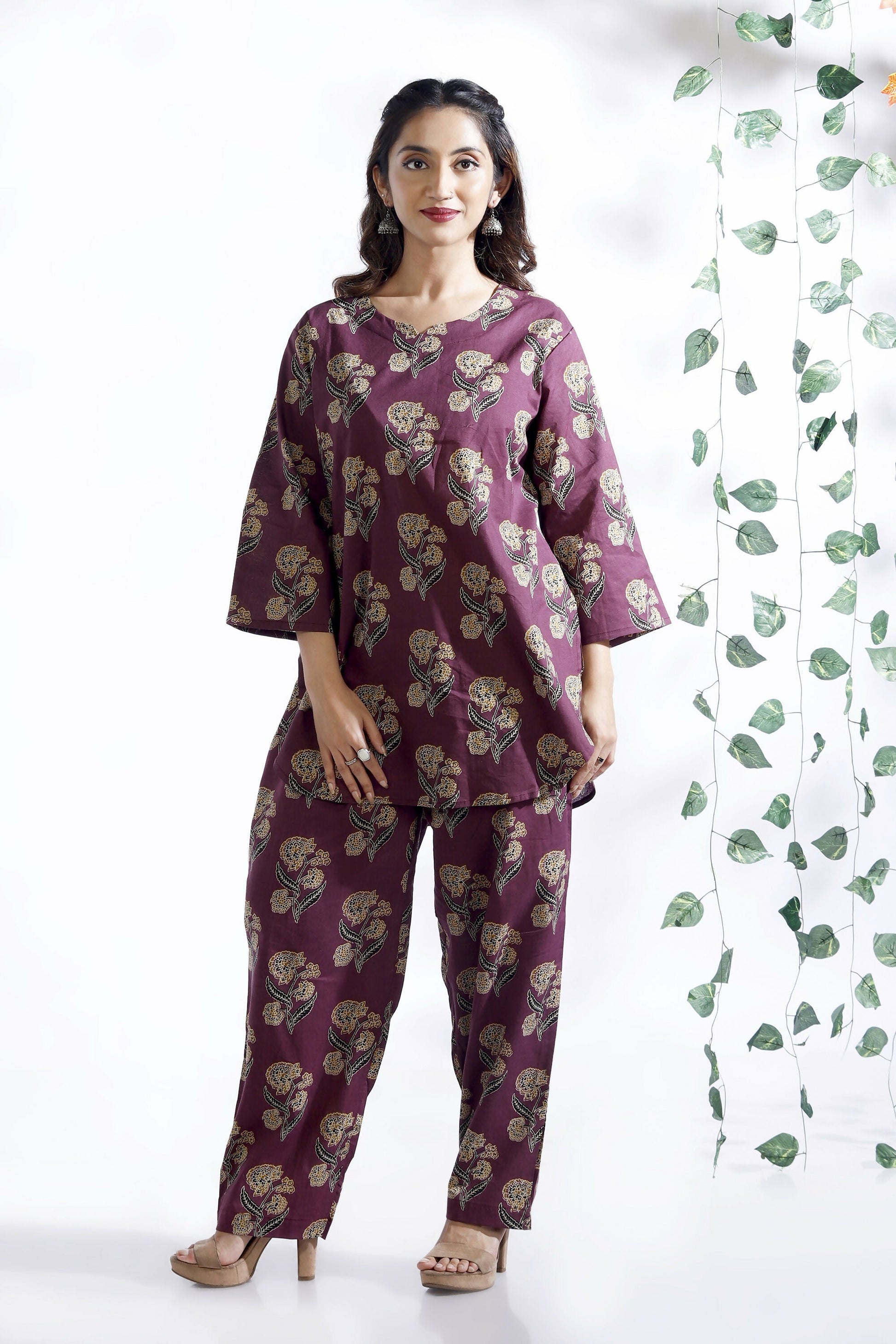 Breathables Wine Butta Cotton Co-Ord Set – Kurta With Straight Pants