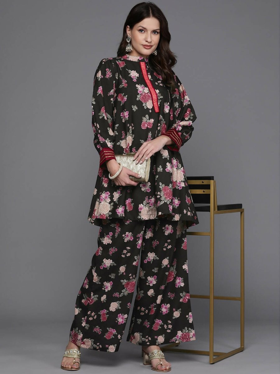 Ahalyaa Women Floral Printed Tunic with Palazzos - Black Color | Swadesiicart