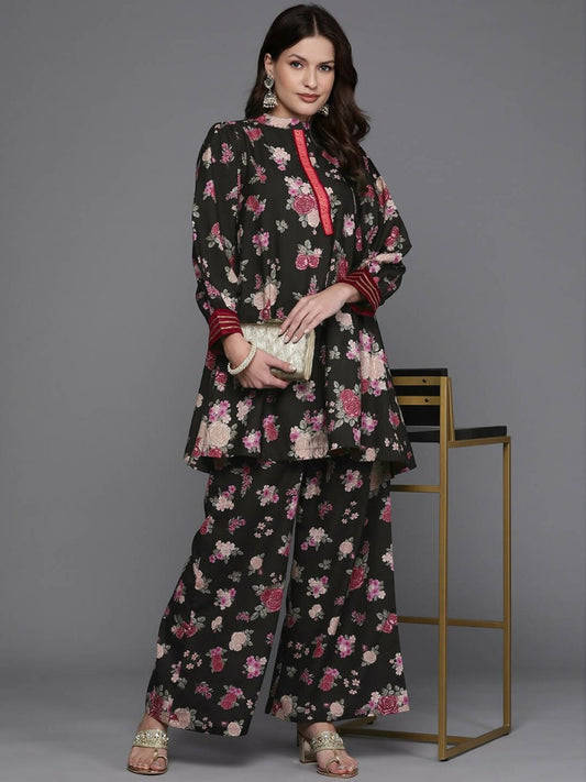 Ahalyaa Women Floral Printed Tunic with Palazzos - Black Color | Swadesiicart