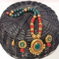 Terracotta Boho Style Long Necklace Set With Studs-Dark Green,Red And Gold