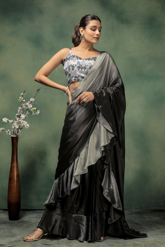 Grey Satin Solid Designer, Printed Party Wear Ready To Wear Saree - Nasreen | Swadesiicart