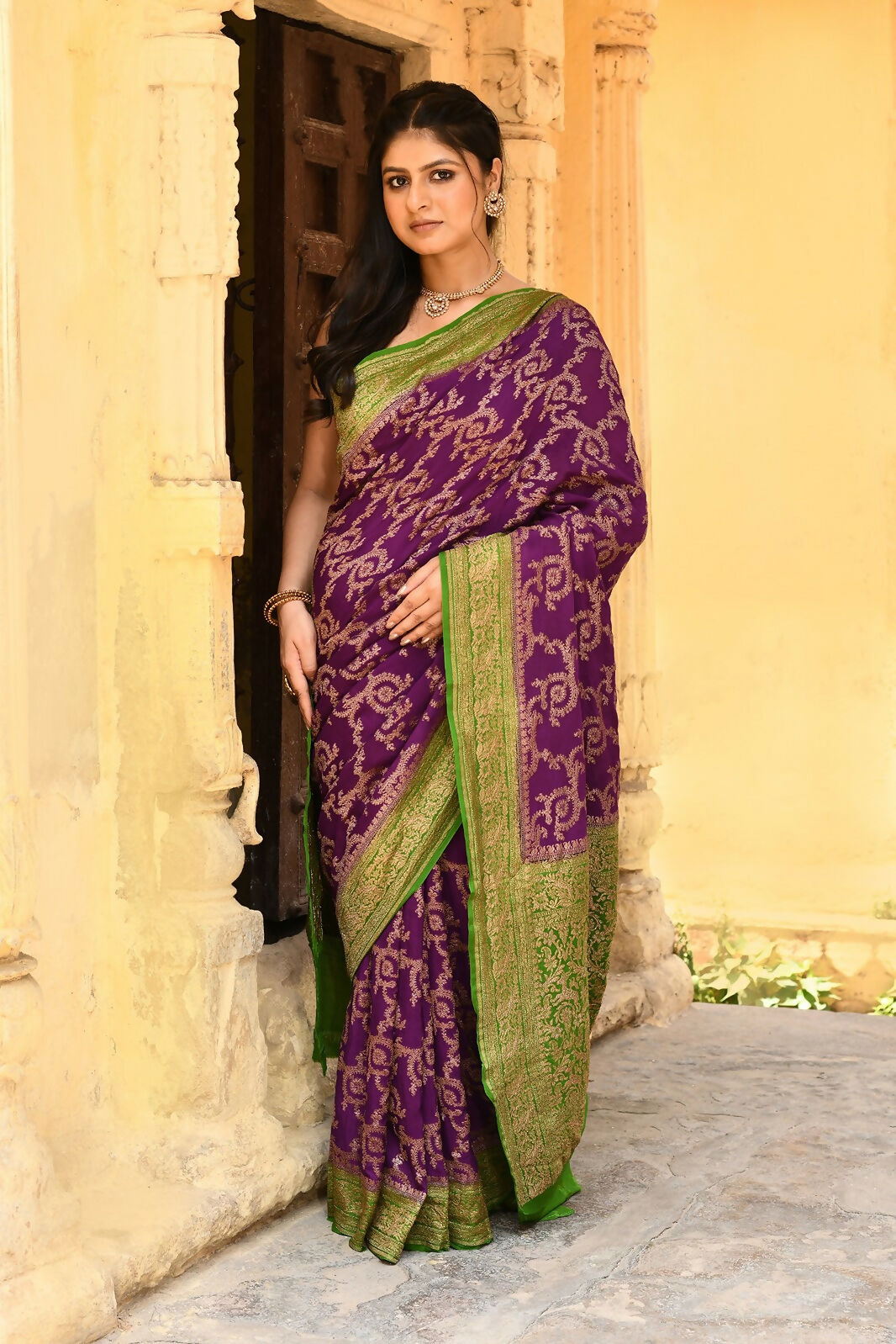 Joban Fashion Purple Crepe Chiffon Pure Handloom Banarasi Silk Saree | Swadesiicart