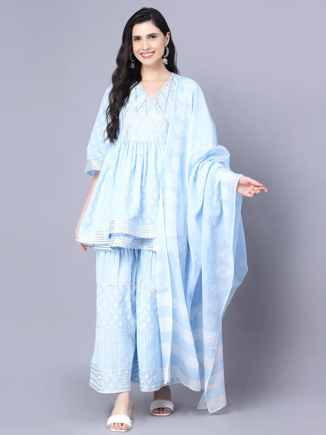 Myshka Cotton Printed 3/4 Sleeve V Neck Turquoise Blue Women Sharara Set | Swadesiicart