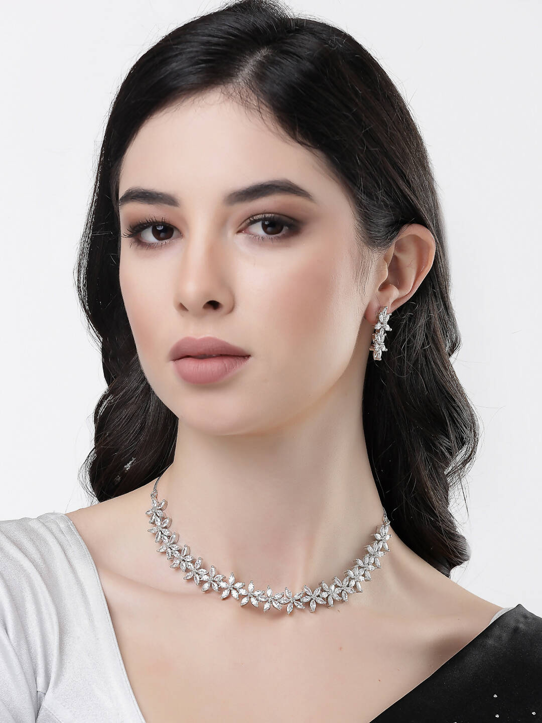 NVR Women Silver Plated Cz Stone Handcrafted Jewellery Set - Swadesiicart