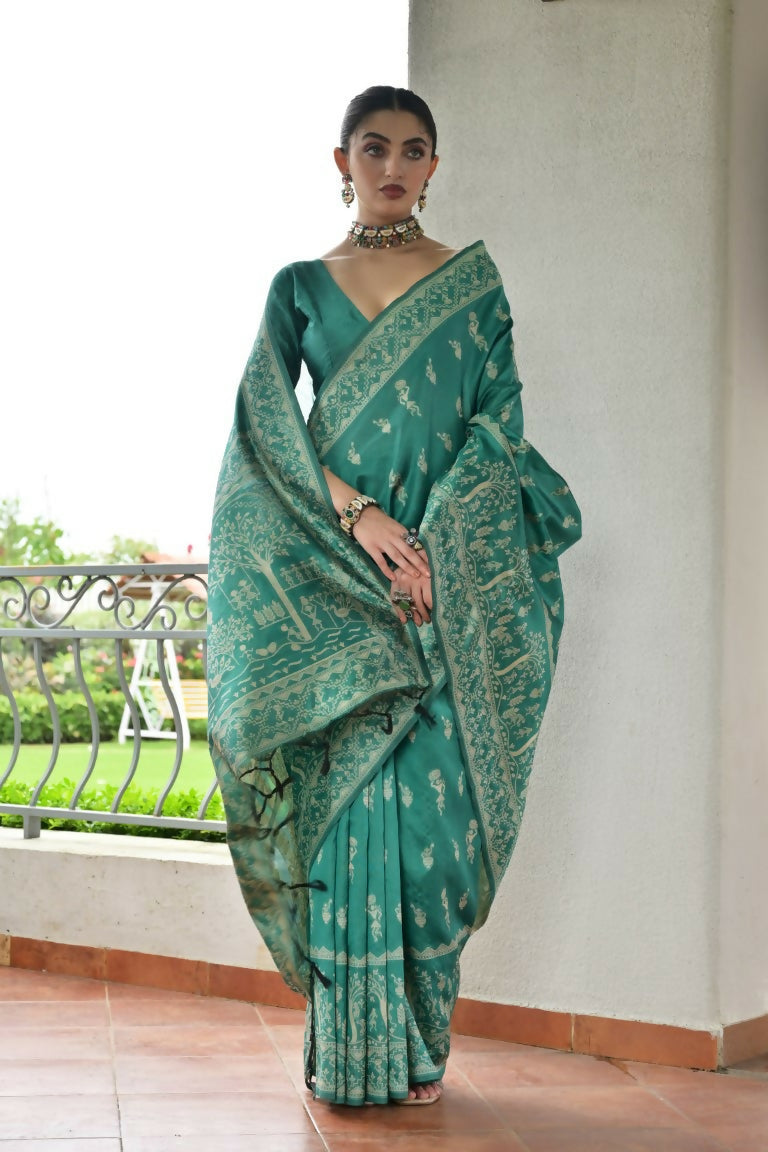 Vishnu Weaves Women's Rama Handloom Raw Silk Thread Weaving Saree with Blouse - Swadesiicart