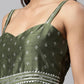 Ahalyaa Women Olive Poly Silk Silver Foil Printed Dress | Swadesiicart