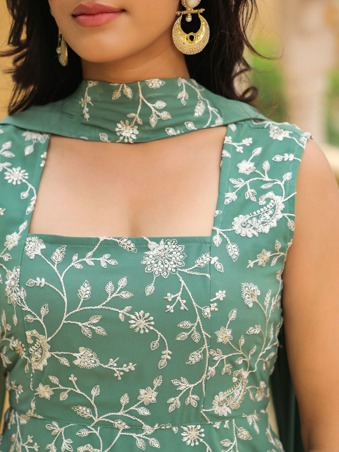 Janasya Sage Green Georgette Embroidered Kurta,Bottom & Dupatta | Swadesiicart