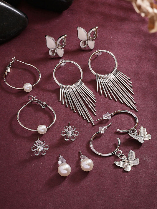 NVR Women's Set of 6 Silver-Plated Contemporary Drop Earrings | Swadesiicart