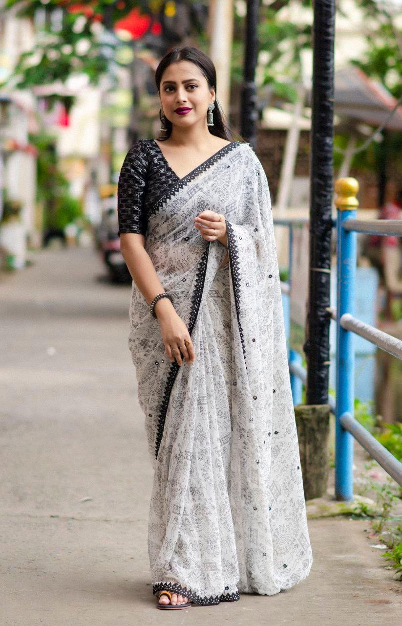 Black Pure Georgette Warli Saree with Unstitched Blouse - Hiral Fashion | Swadesiicart