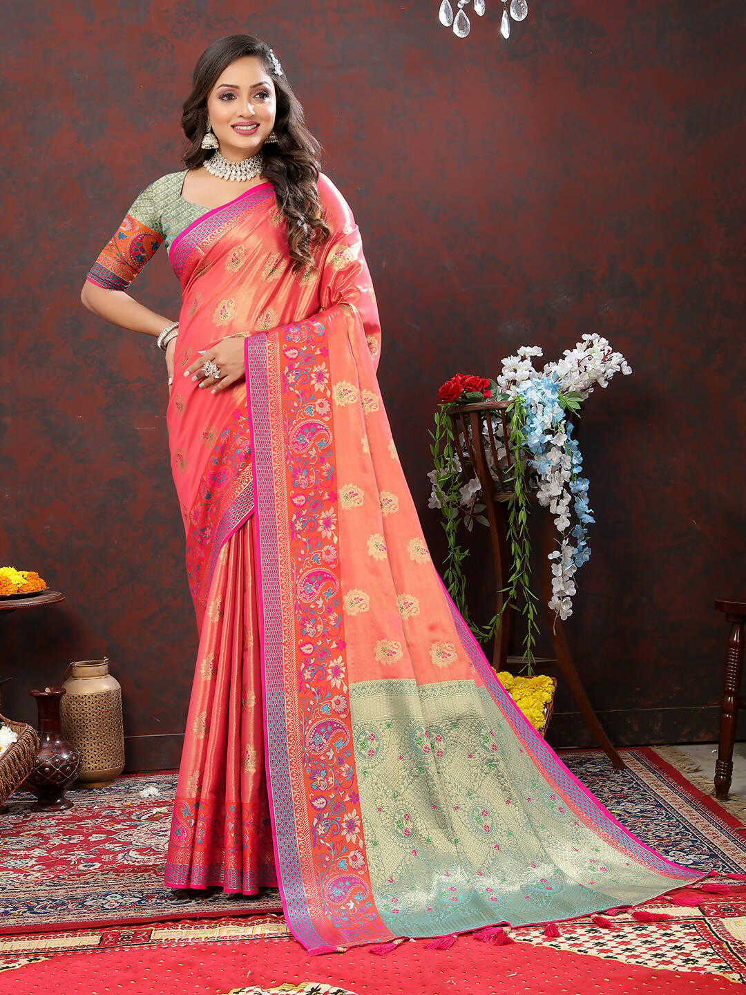 Lorenvalley Fashion Peach Kanjivaram Silk Woven Design with Zari Weaving Saree - Swadesiicart