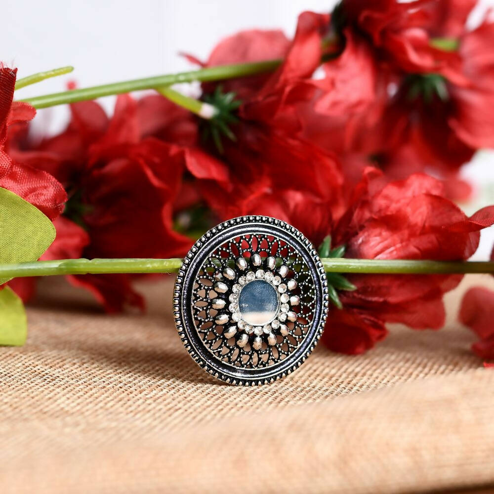 Mominos Fashion Joharkamal Oxidised Silver-Toned Adjustable Finger Ring - Mominos Fashion