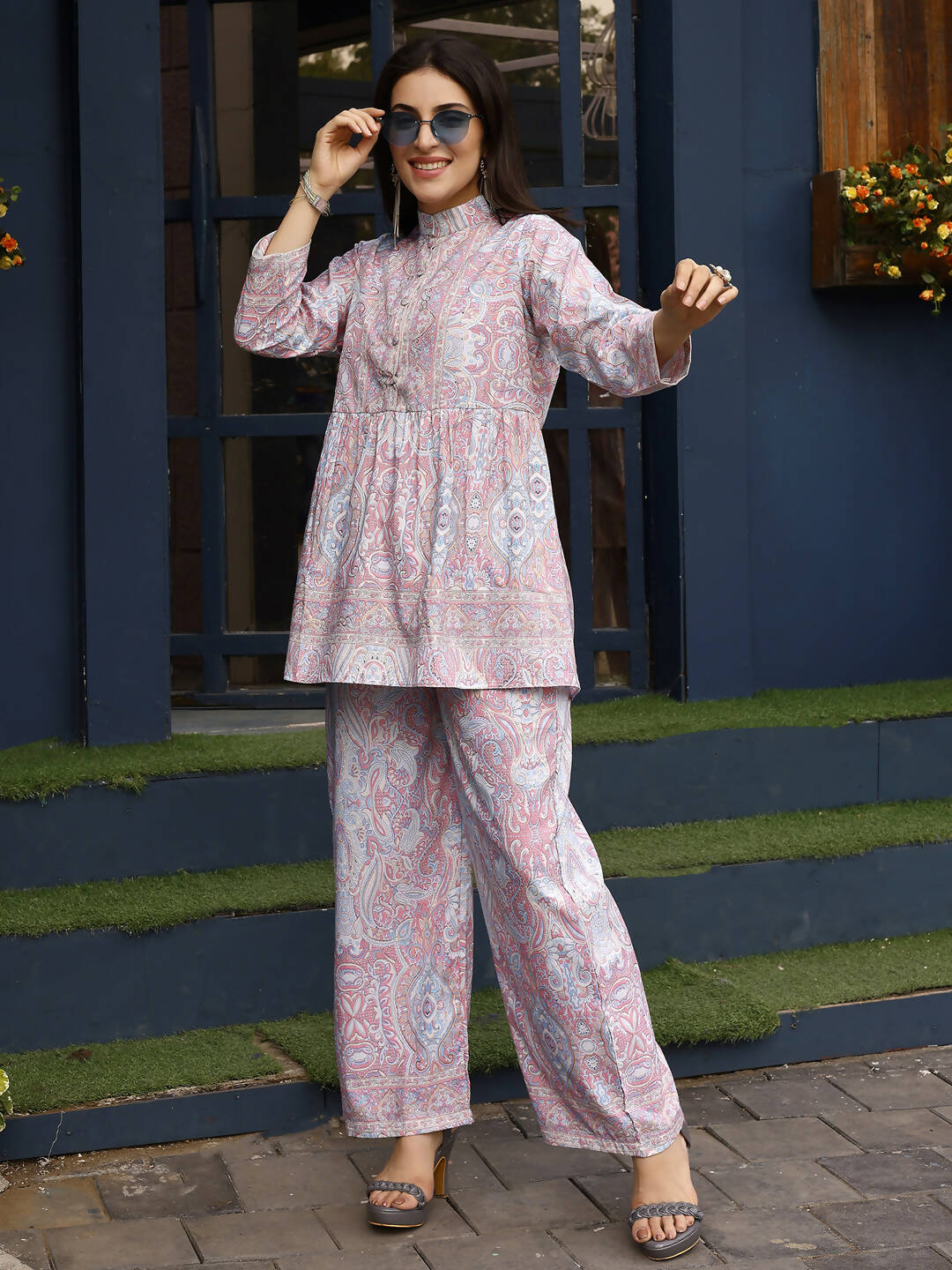 Light Pink Rayon Floral Printed Top with Matching Bottom - Eesha - Swadesiicart