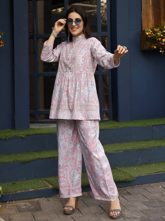 Light Pink Rayon Floral Printed Top with Matching Bottom - Eesha - Swadesiicart