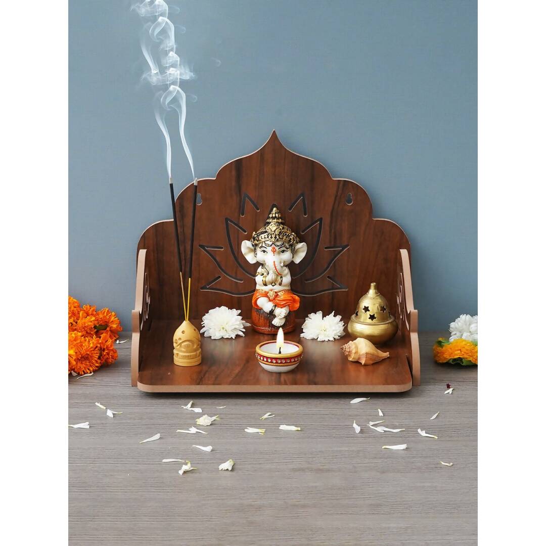 eCraftIndia Brown Lotus Designer Wooden Pooja Temple | Swadesiicart