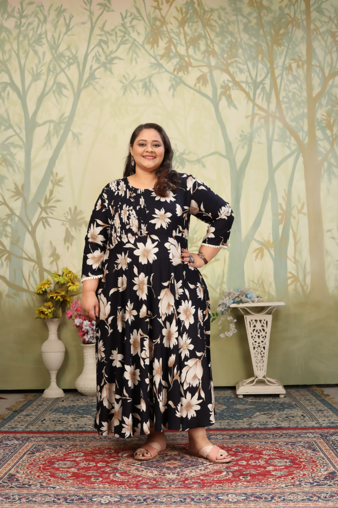 Jyoti Fashion Women's Black Rayon Floral Print with Sequins Designer Anarkali Set | Swadesiicart