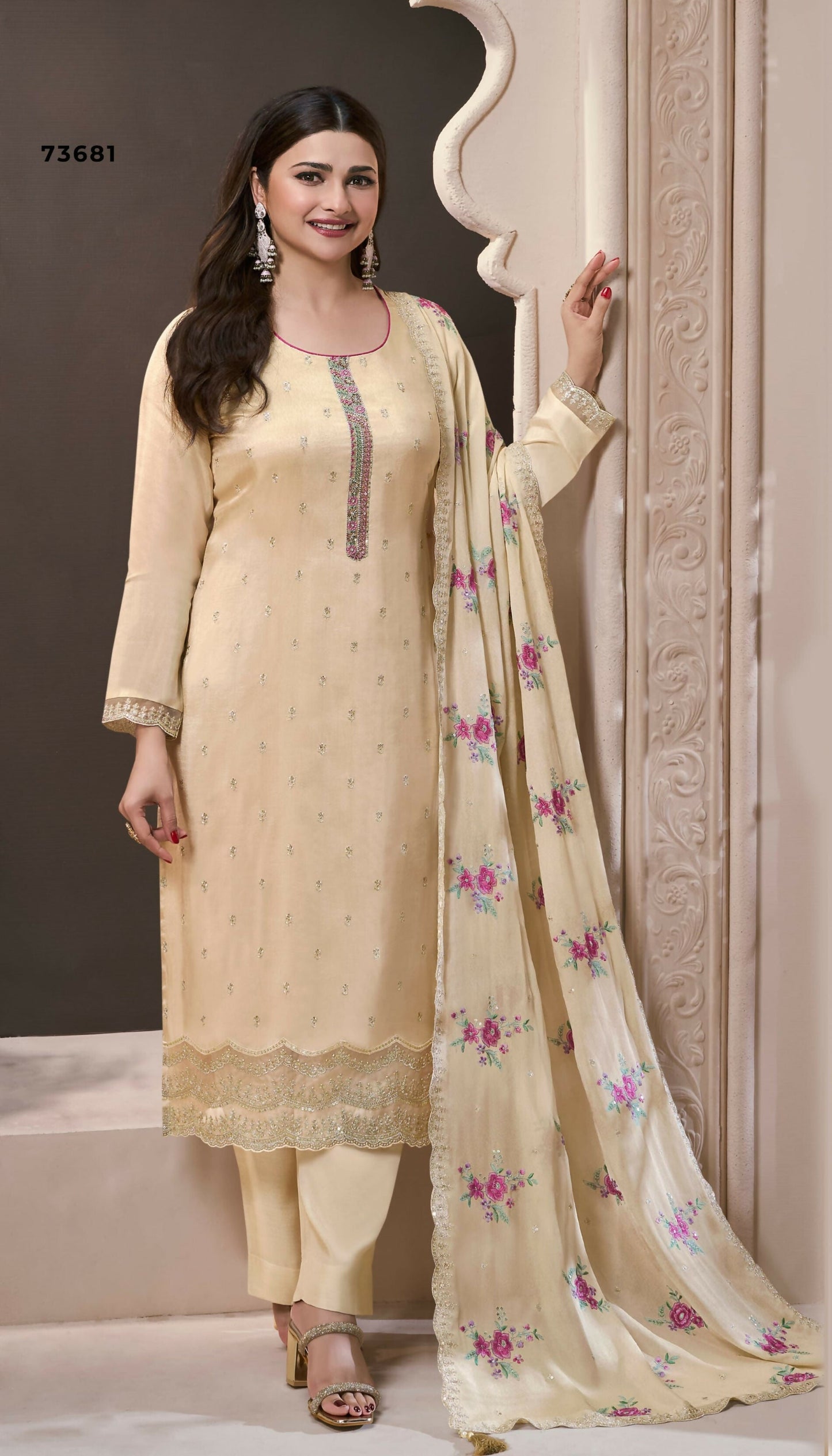 Anaita Cream Silk Embroidered Stitched Salwar Suit