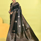 Joban Fashion Grey & Black Plain With Weaving Border Banarasi Silk Sarees | Swadesiicart