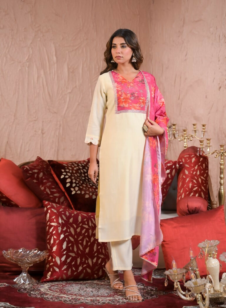 Ethnic Festive Wear Chanderi With Lining White & Pink Stitched Suit With Dupatta - Tanisha | Swadesiicart