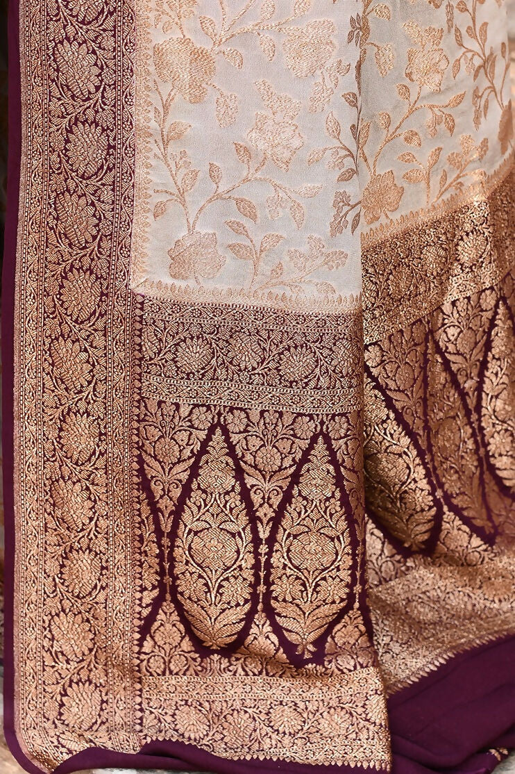 Joban Fashion Nude Grey Crepe Chiffon Pure Handloom Banarasi Silk Saree | Swadesiicart