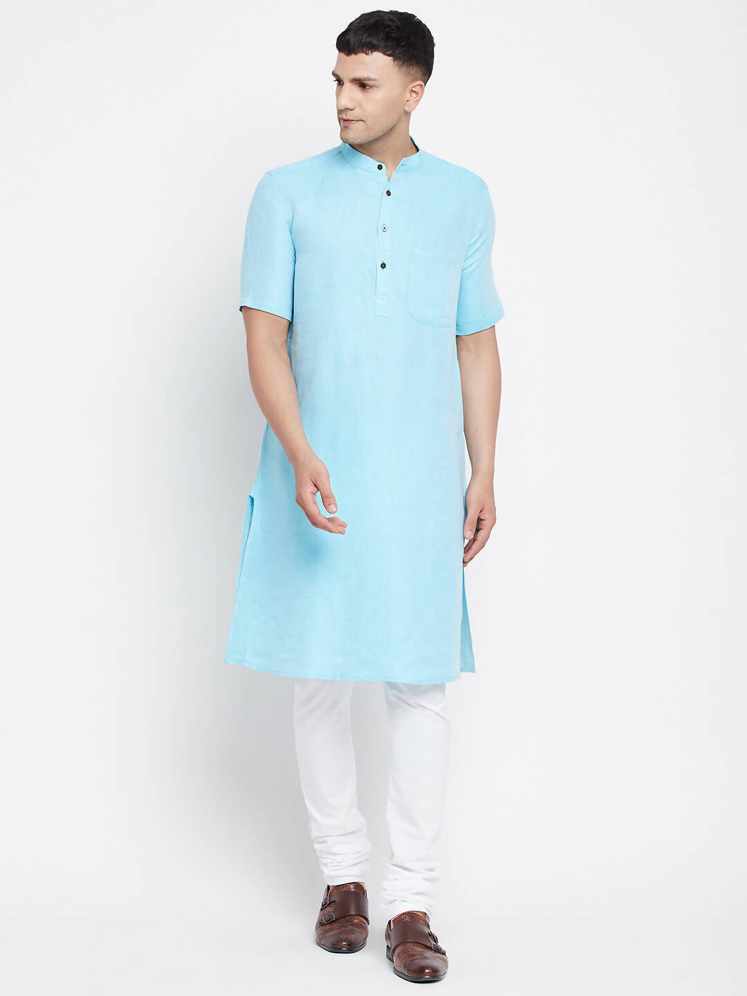 Even Apparels Blue Color Pure Cotton Men's H/S Kurta With Band Collar | Swadesiicart