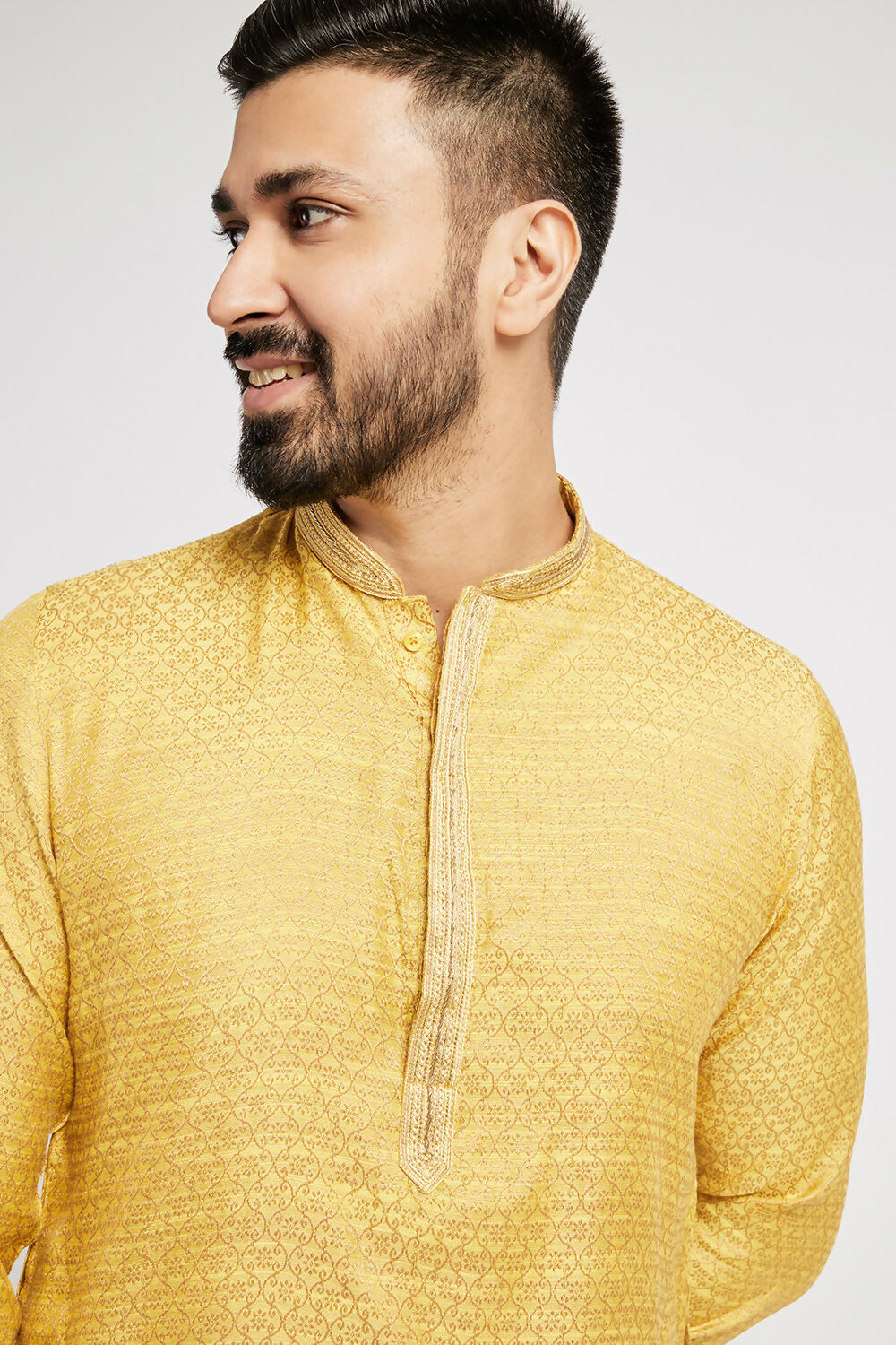 Ethnic India Yellow Men's Kurta Woven Design Polyester | Swadesiicart