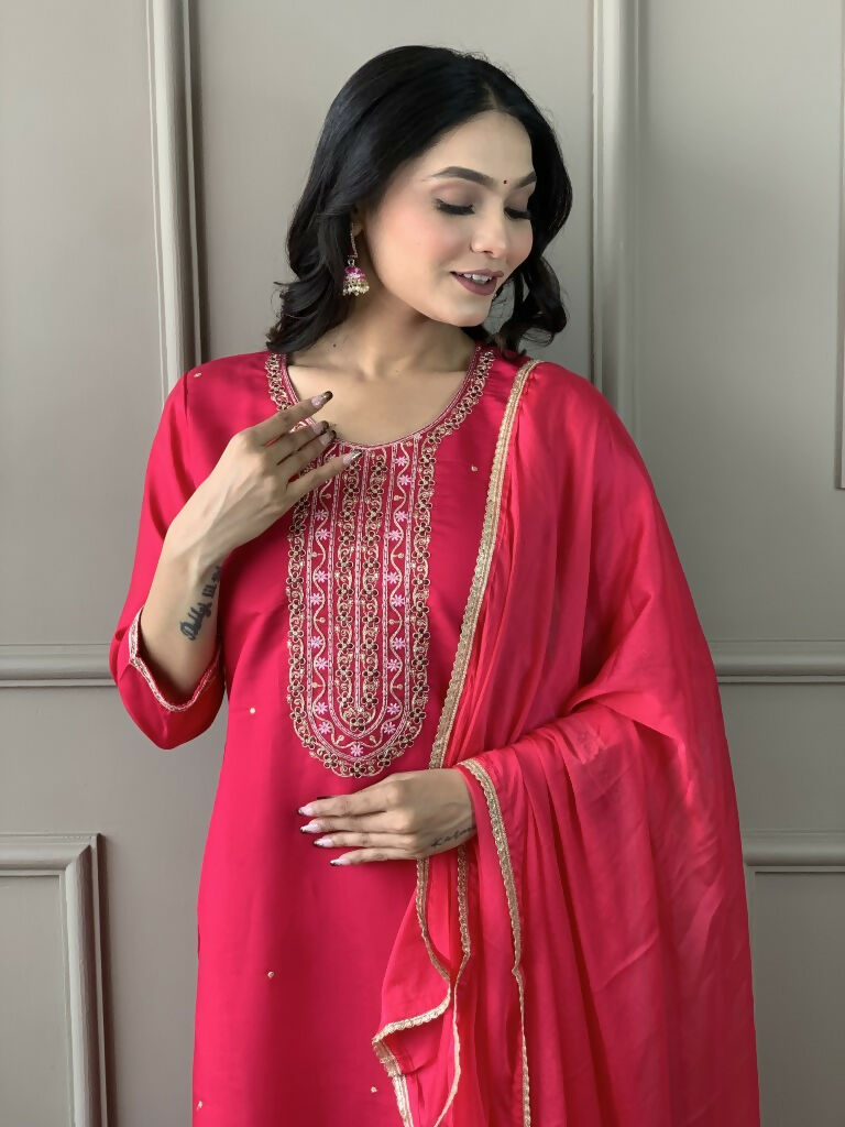 Rani Viscose chanderi Stitched Suit With Dupatta - Tanisha | Swadesiicart