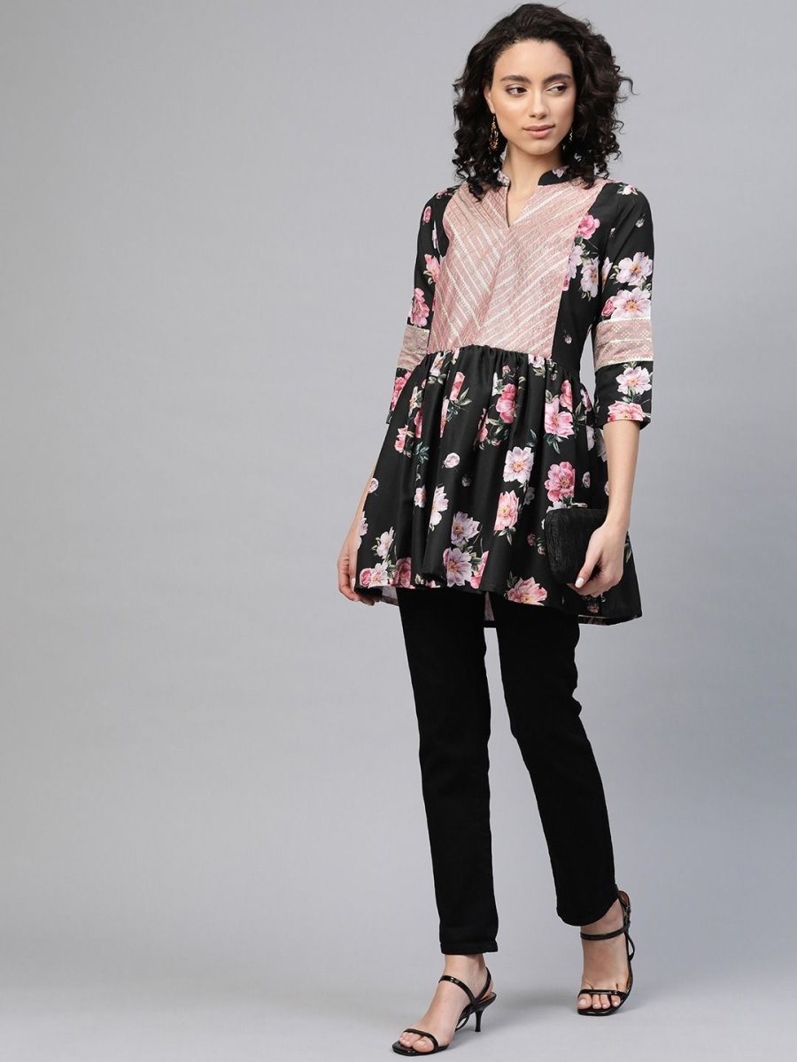 Ahalyaa Women Black Rayon Floral Print Tunic | Swadesiicart