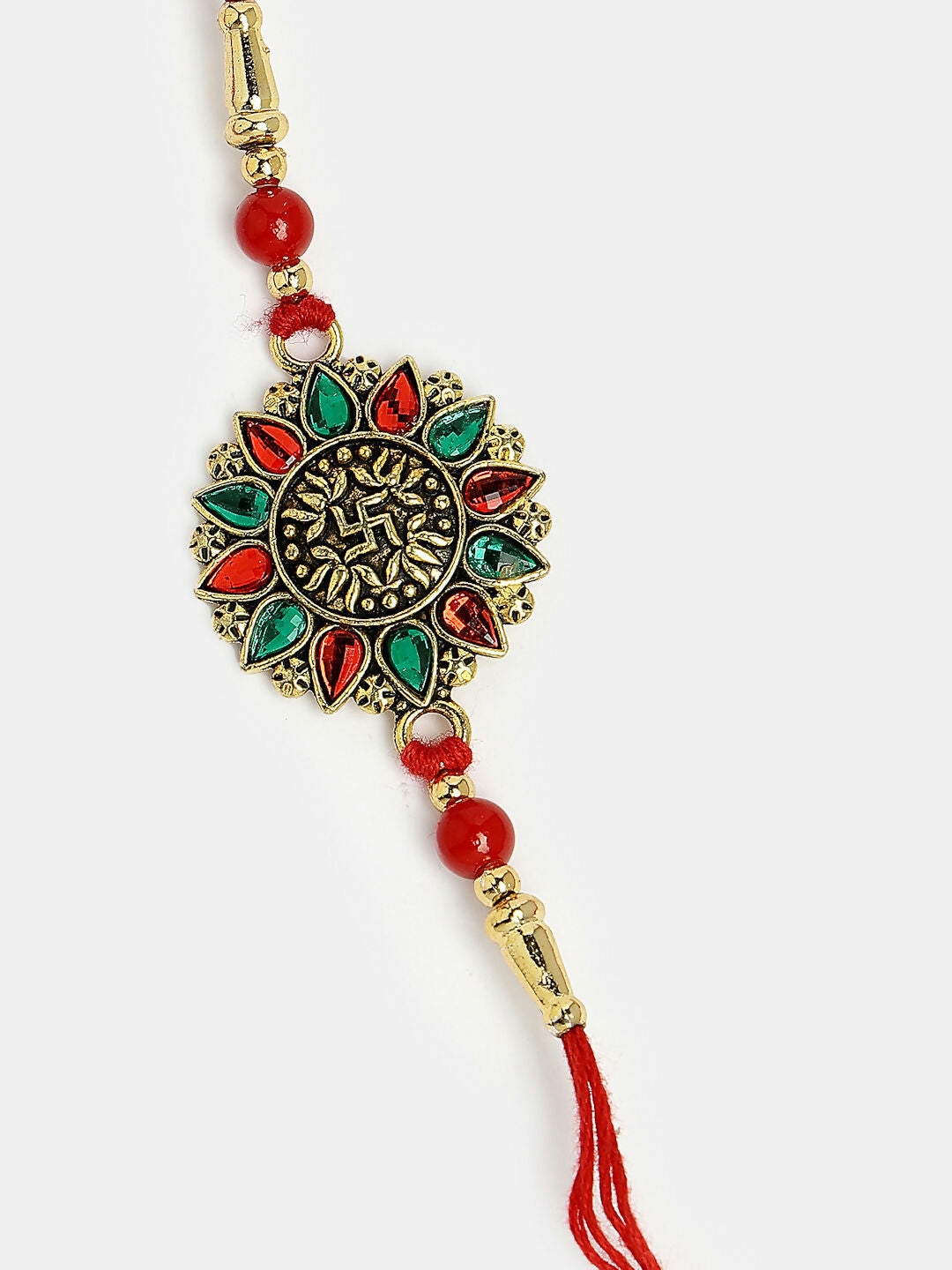 NVR Men Red & Gold-Toned Stone-Studded Rakhi With Roli Chawal & Chocolate | Swadesiicart