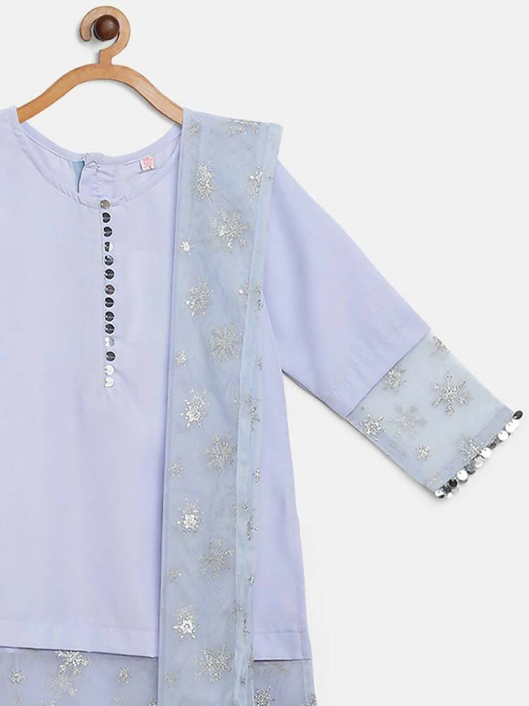 Ahalyaa Blue Crepe Silver Glitter Print Kids Kurta Palazzo Set With Dupatta For Girls | Swadesiicart
