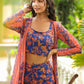 Janasya Navy Blue Georgette Floral Top,Bottom & Jacket | Swadesiicart