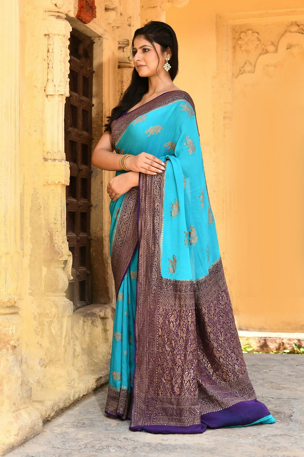 Joban Fashion Sky Blue Crepe Chiffon Pure Handloom Banarasi Silk Saree | Swadesiicart