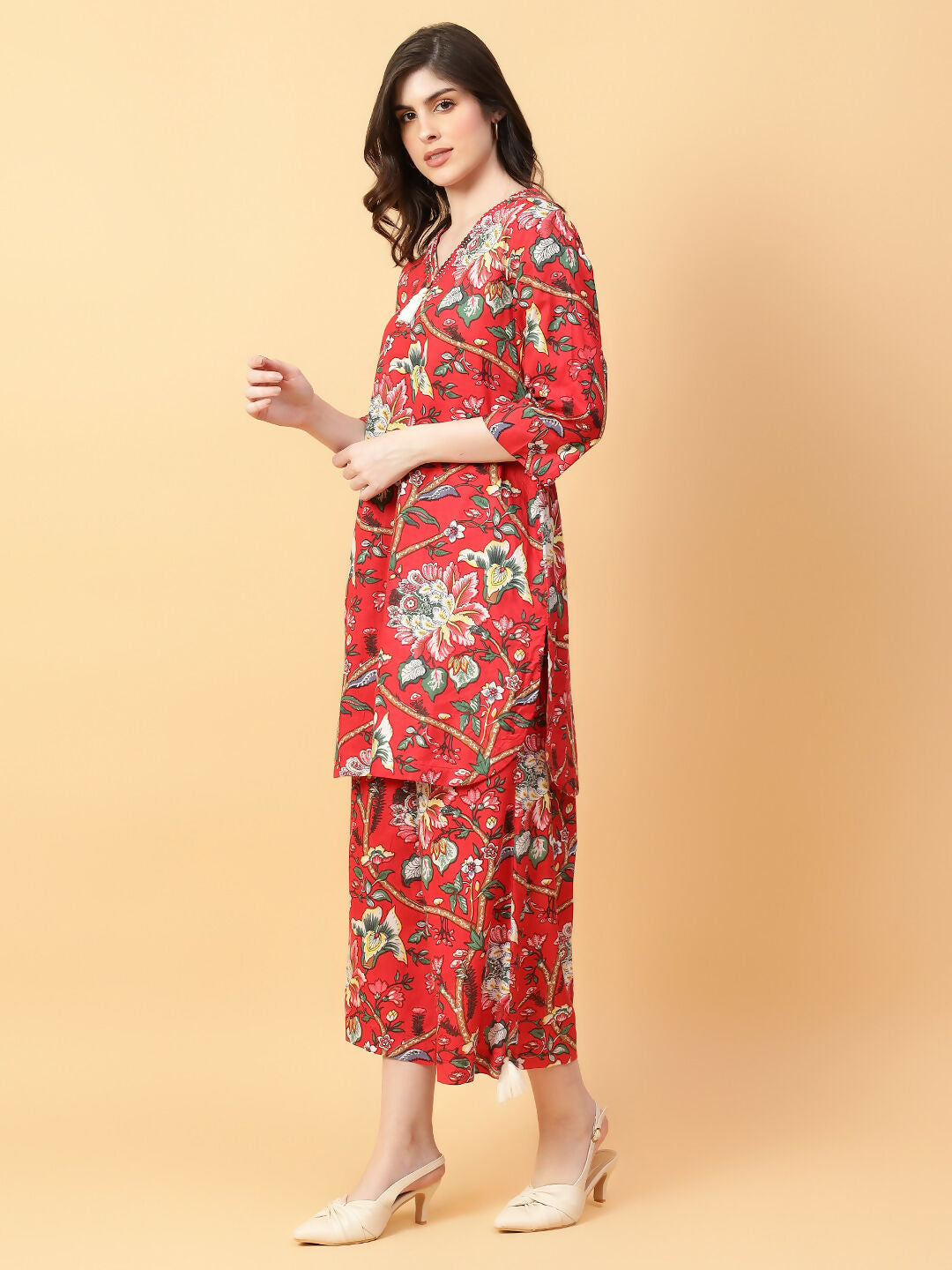 Joban Fashion Red Cotton Printed & Hand Work Co-ord Set - Swadesiicart