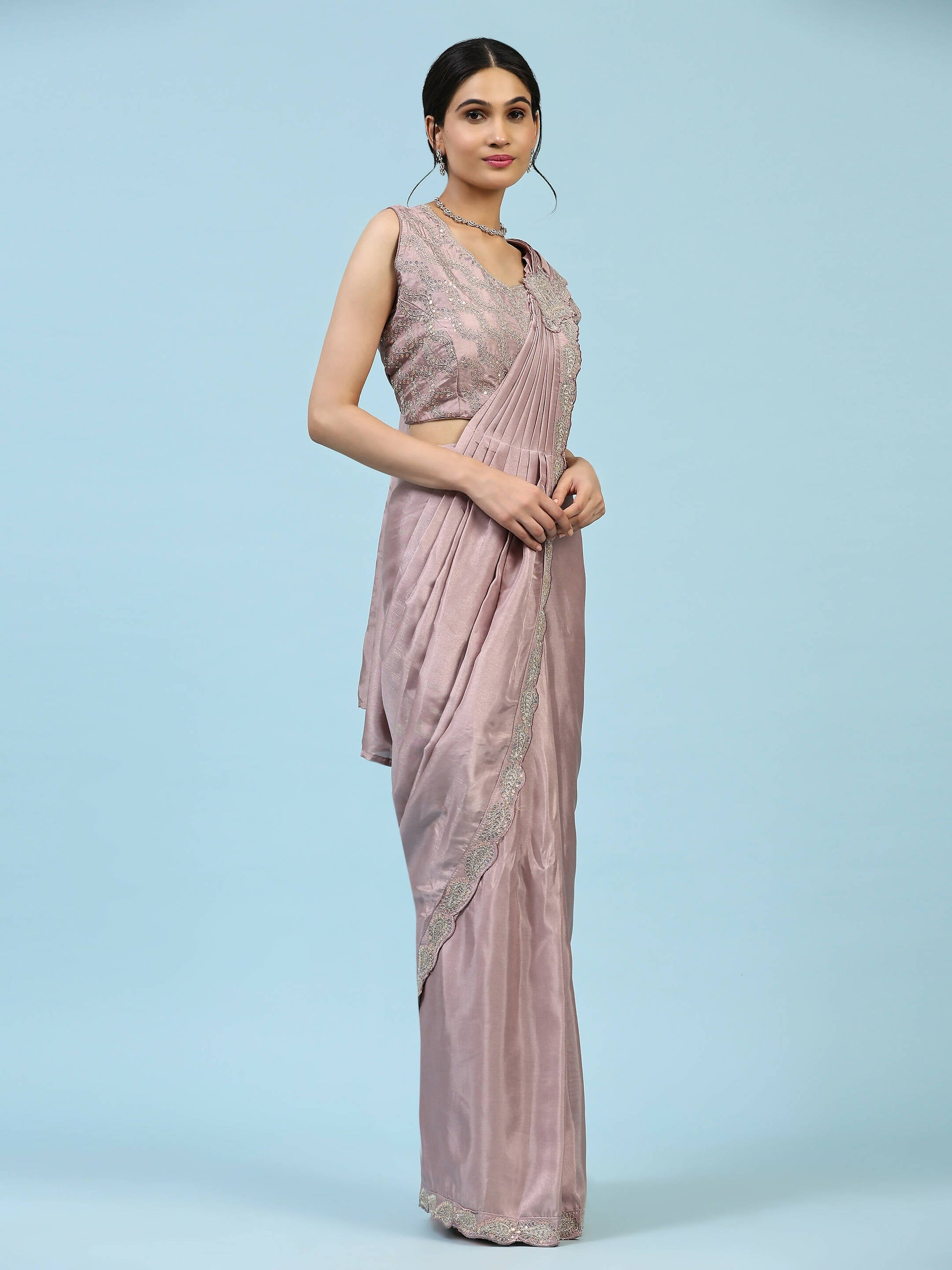 Lavendar Silk Satin Plain Ready to wear Saree with stitched Blouse - Vrinda | Swadesiicart
