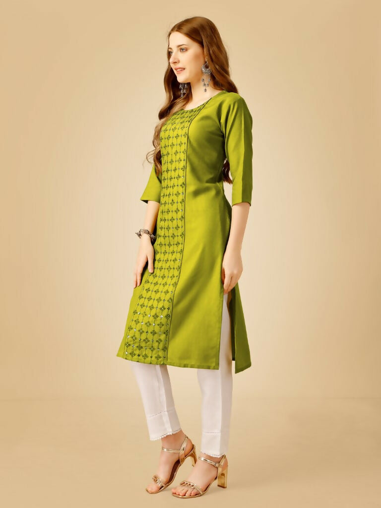 Jyoti Fashion Women's Green Cotton Blend Embroidered Kurta Pant Set - Swadesiicart