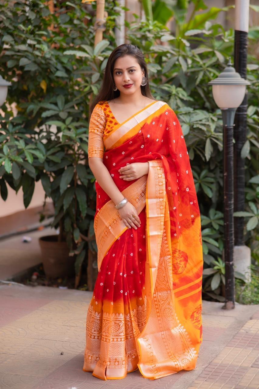 Red Jute Silk Ethnic Motifs Saree with Unstitched Blouse - Hiral Fashion | Swadesiicart
