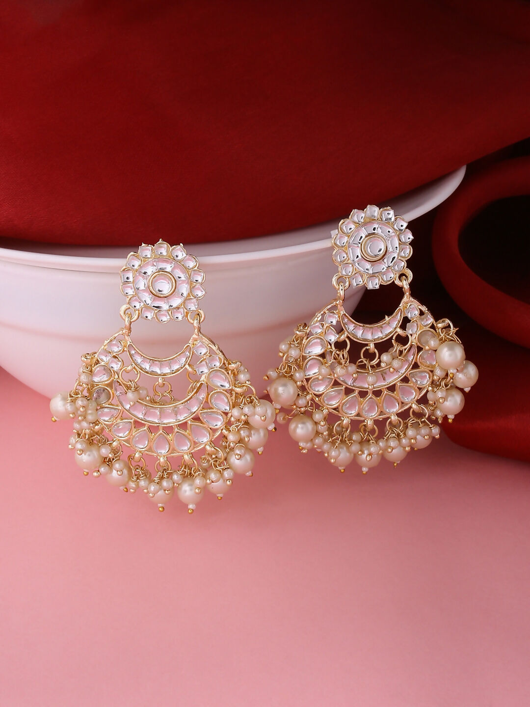 NVR Women Gold-Polished Studded Kundan Chandbali Earrings | Swadesiicart